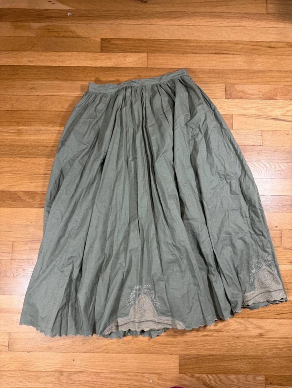 Vintage Feminine 90s Scalloped Edge Khaki Green Cotton Maxi Skirt Size 14
